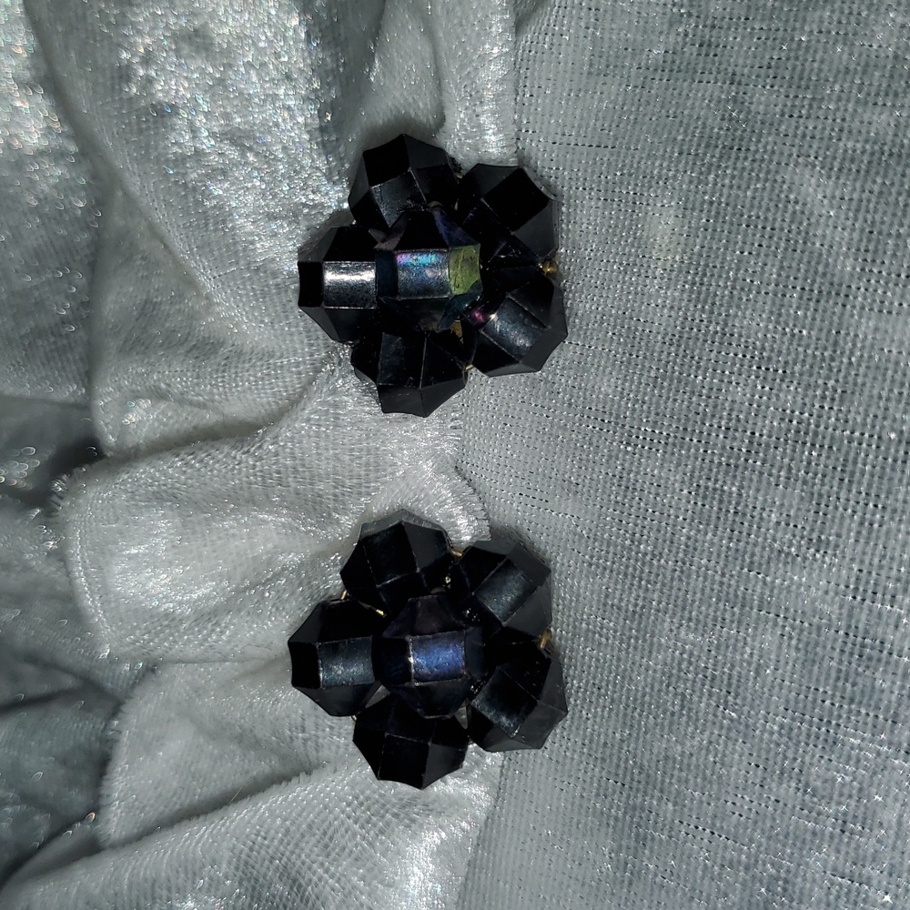 Vintage WEST GERMANY Black Iridescent Lucite Bead Cluster Clip On Earrings